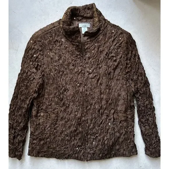 Bronze Textured Crinkle Jacket Petite Large Fall Chic Metallic Sequin Statement - Picture 11 of 13